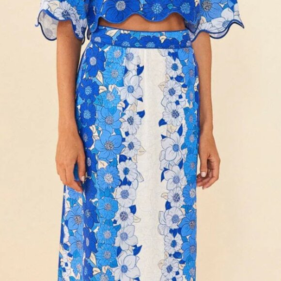 FARM Rio Blue Flower Stripes Midi Skirt - Picture 1 of 6